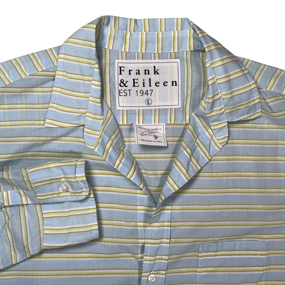 Frank & Eileen Button Up Shirt Women Large Blue Lime Striped Cotton Lightweight